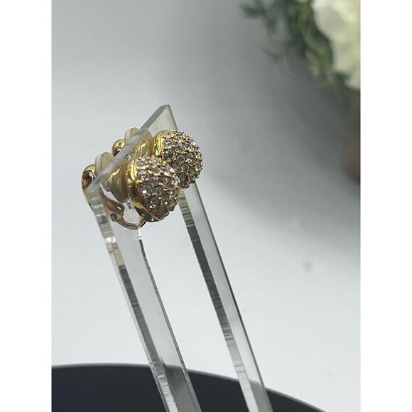 Swarovski Signed Swan Domed Button 18k Gold Plated Crystal Pave Clip On Earrings - Picture 5 of 15